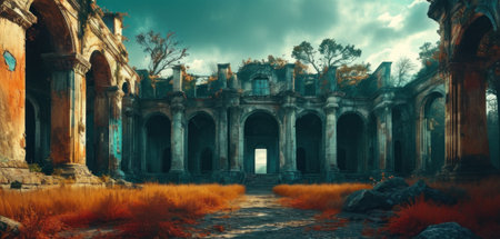 Ruins of an ancient theater in the jungle. 3d renderingの素材