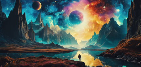 Fantasy alien planet. Mountain and lake. 3D illustration.の素材