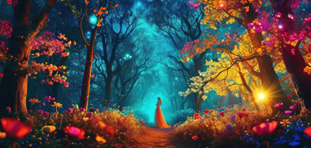 Magic forest with woman in a long dress, 3d illustration.の素材