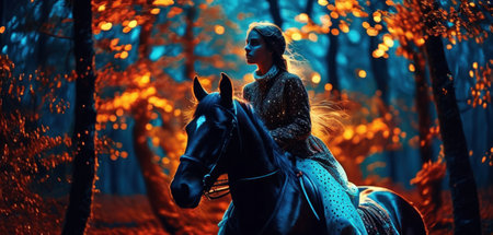 Beautiful young woman riding a horse in the autumn forest. Beauty, fashion.の素材