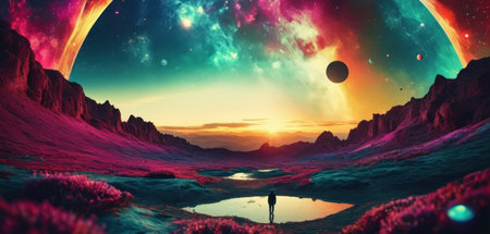 Fantasy alien planet. Mountain and nebula. 3D illustrationの素材