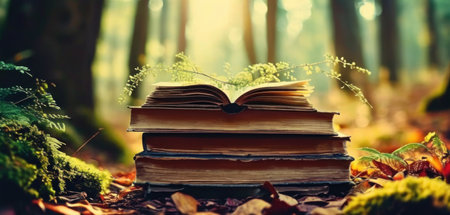 Pile of old books in the autumn forest. Selective focus.の素材
