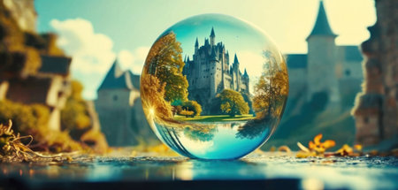 Crystal ball with reflection of medieval castle in the water. 3d renderingの素材