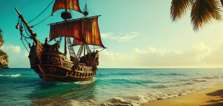 Pirate ship on the beach at sunset. 3D Renderingの素材