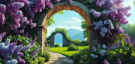 Beautiful spring garden with blooming lilac flowers. Panoramaの素材