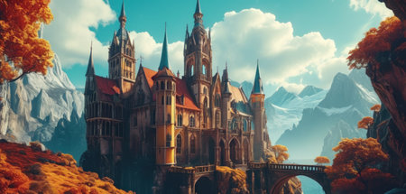 Fantasy castle on the background of the mountains. 3D illustrationの素材