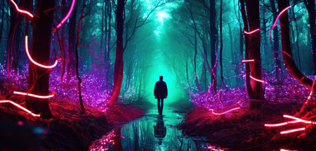 Man walking in the dark forest with neon lights. 3D renderingの素材