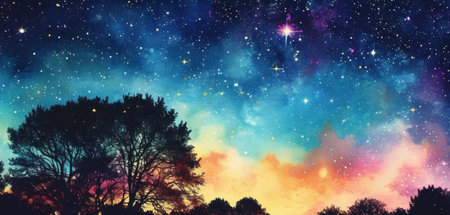 Night sky with stars and trees. Elements of this image furnished by NASAの素材
