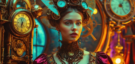 Portrait of a beautiful steampunk woman in a luxurious interior. Retro style.の素材