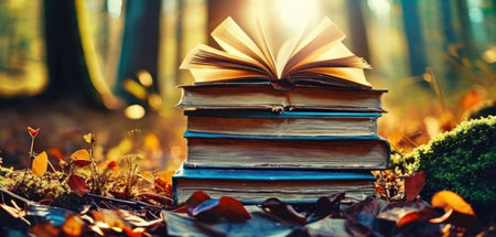 Books in the autumn forest. The concept of reading and education.の素材