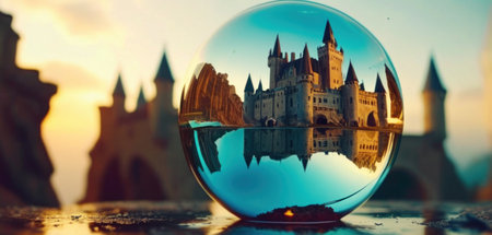 Crystal ball with fairytale castle at sunset. Magic and fairy tale concept.の素材