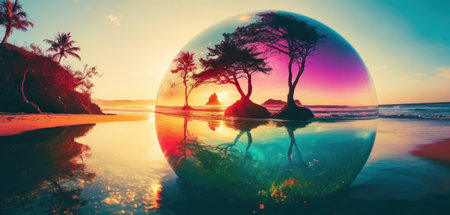 Reflection of a tree in a crystal ball on a beach at sunsetの素材