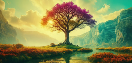 Fantasy landscape with a lonely tree in the middle of a riverの素材