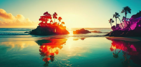 Tropical sunset on the beach. Seascape with palm treesの素材