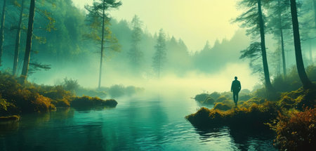 Foggy forest landscape with a man walking along the river.の素材