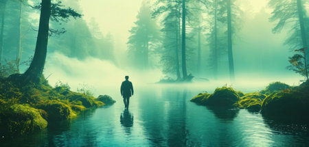 Digital composite of Man walking in foggy forest with lake and treesの素材