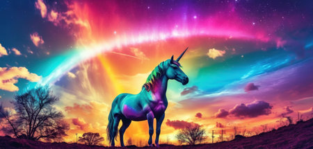 Unicorn and rainbow in the sky. 3d illustration.の素材