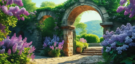 Beautiful spring garden with blooming lilac flowers and stone archの素材