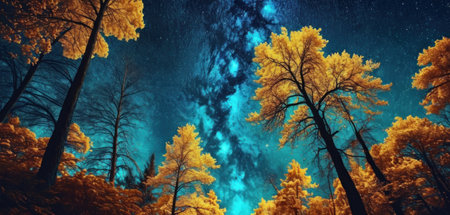 Autumn forest in the starry sky. 3d rendering.の素材