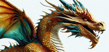 Colorful dragon statue on white background, closeup of photo.の素材