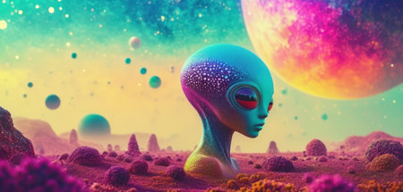 3d illustration of a female alien with a planet in the backgroundの素材