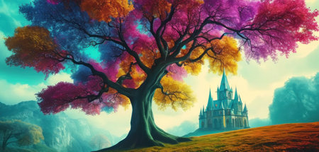 Magic fantasy landscape with castle and magic tree. Fairy tale illustration.の素材