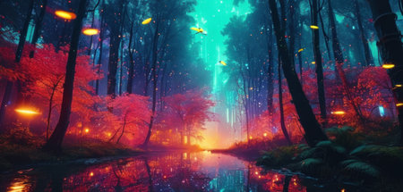 Fantasy landscape with foggy forest and river. Digital art.の素材