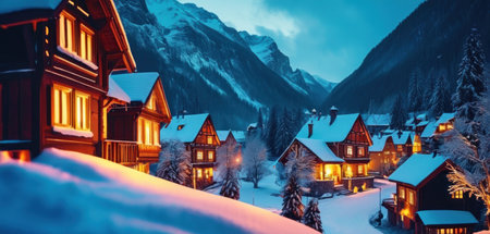 Fantastic winter landscape with illuminated wooden houses in the mountains.の素材