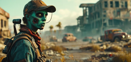 Portrait of a scary zombie soldier in the ruins of a building.の素材