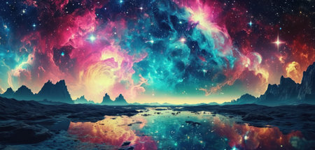 Fantasy alien planet. Mountain and nebula. 3D illustrationの素材