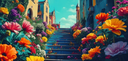 Colorful flowers on the stairs in Rovinj, Croatiaの素材