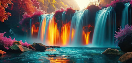 Beautiful waterfall in autumn forest at sunset. Nature landscape background.の素材