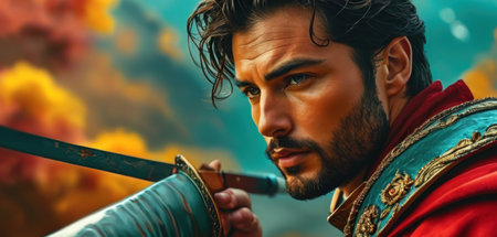 Close-up portrait of a medieval warrior with a sword in his hand.の素材