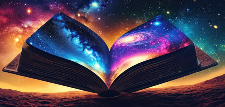 Open book in space with starry sky. 3D illustration.の素材