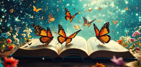 Butterflies flying over open book on wooden table. Nature backgroundの素材