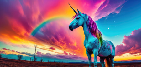 Unicorn with rainbow in the sky. 3d illustration.の素材