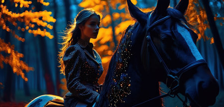 Beautiful young woman riding a horse in the autumn forest at sunsetの素材