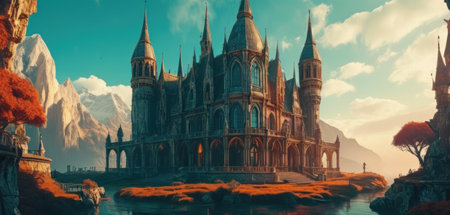 Fantasy landscape with castle and lake. 3d render illustration.の素材