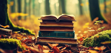 Pile of old books in the autumn forest. Education concept.の素材