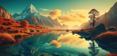 Fantasy landscape. Mountain lake and pine tree in the foreground.の素材