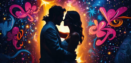 Beautiful young couple kissing in front of a glowing background with heartsの素材