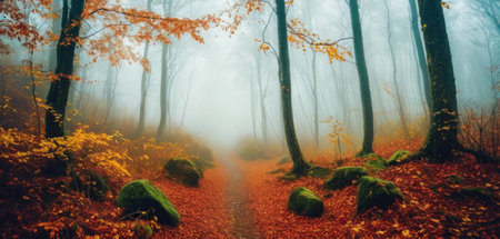 Foggy autumn forest. Colorful trees in the fog.の素材