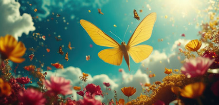 Butterfly on flower meadow. Nature background. 3d renderの素材