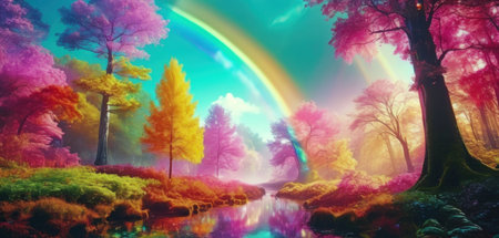 Rainbow in the forest. Fairytale landscape. 3d renderの素材