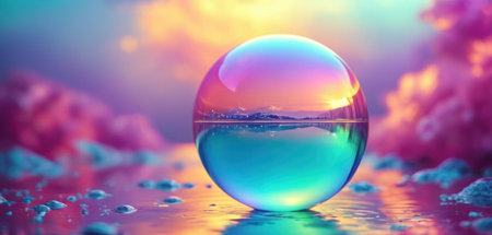 3d rendering of crystal ball with reflection on water surface. Nature backgroundの素材