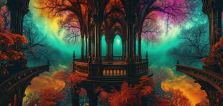 Fantasy landscape with a gothic temple in the forest.の素材
