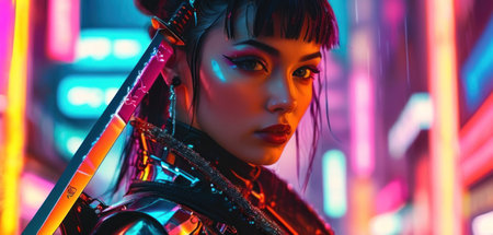 Futuristic cyber woman with sword and armor in colorful neon lightの素材