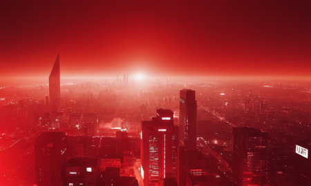 Night city view with skyscrapers and neon lights. 3D renderingの素材