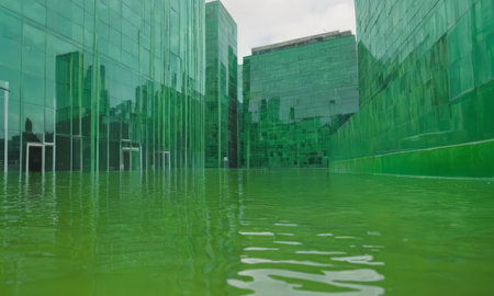 Reflection in water of modern office building. Abstract green background.の素材