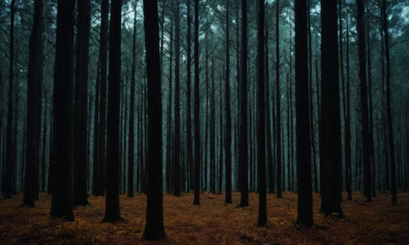 Pine forest in the fog at night. Dark forest in autumnの素材